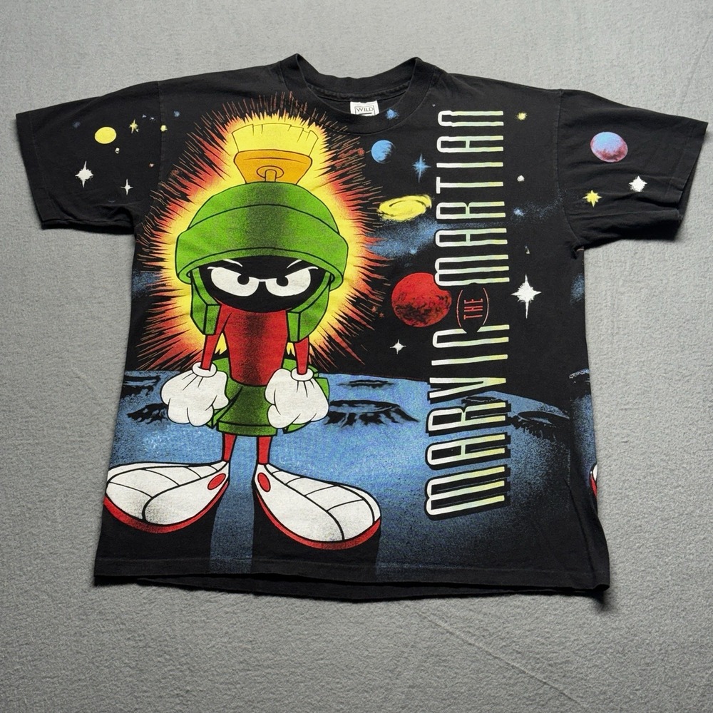 Vintage 1993 Looney Tunes Marvin The Martian All Over Print T Shirt Wild Oats L